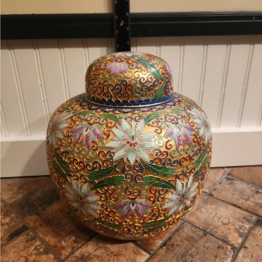 Hand-Painted Floral Cloisonné Ginger Jar - Gold and Green